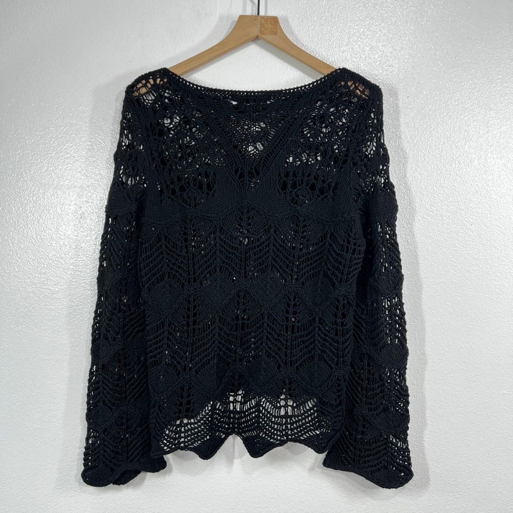 Zara Pointelle Openwork Lace Knit Sweater Black Womens Medium M Crochet Pullover - Picture 3 of 10